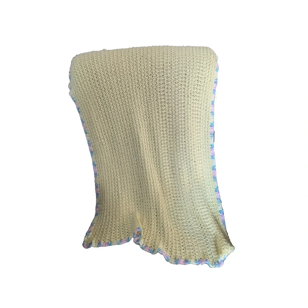 vintage hand crocheted sunny yellow‎ baby blanket afghan pink blue cottage